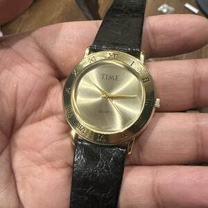 Works Time Gold Tone Dial Round Case‎ Black Leather Band 33mm Unisex Watch Fit 7